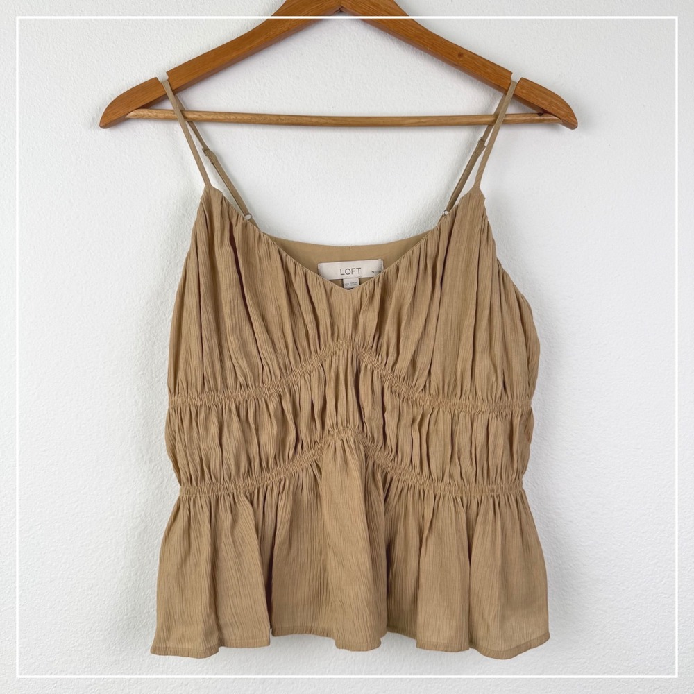 LOFT Camisole Top Women XSP Tan Excellent Smocked Peplum Chic Casual